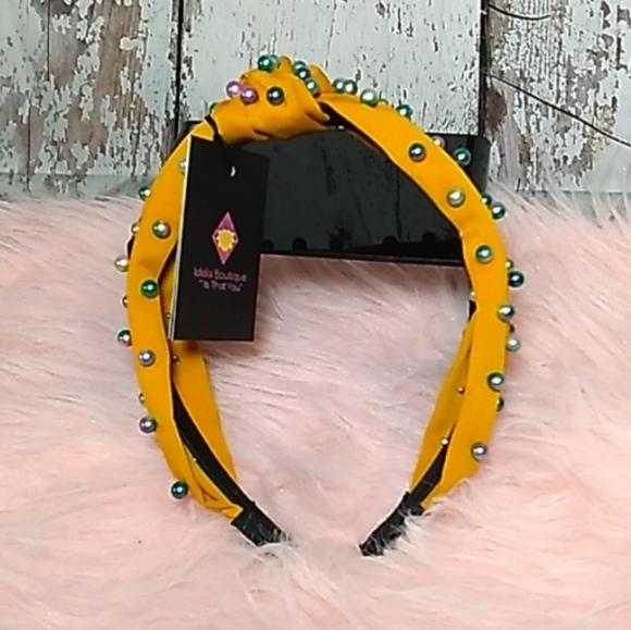 Mustard Knotted Multicolor Pearl Embellished Soft HeadBand - Picture 2 of 12